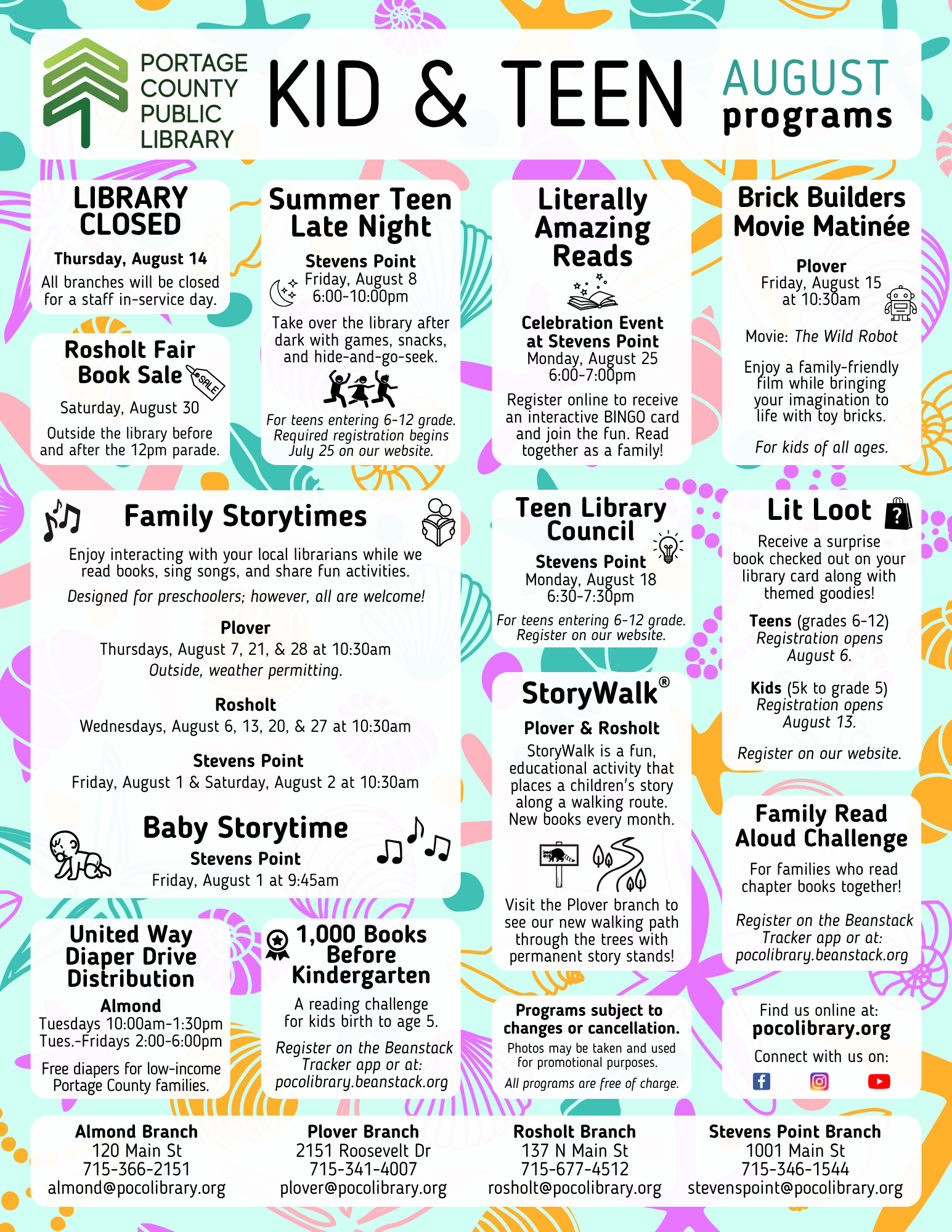 Flyer listing the events for kids and teens in August 2025