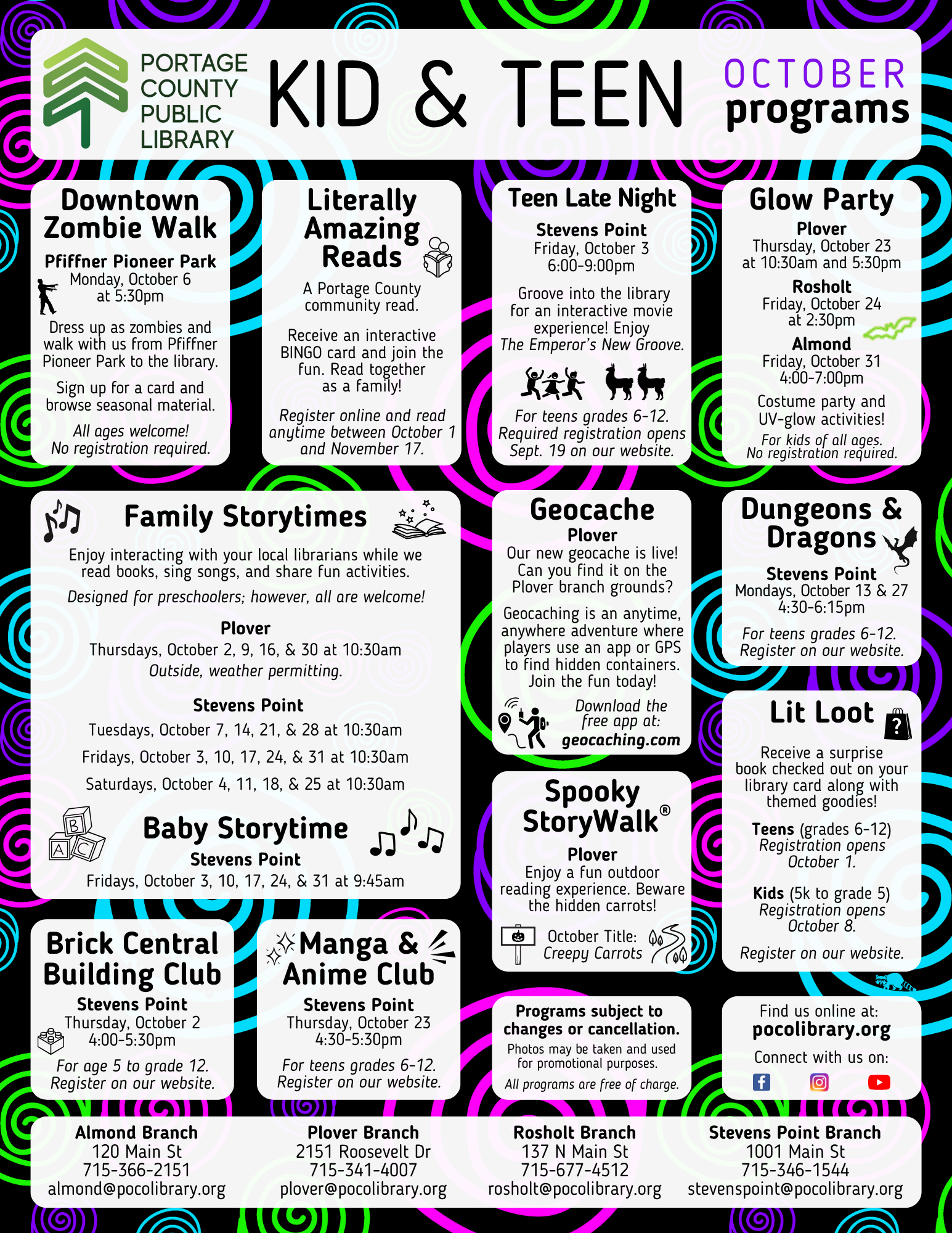 Youth events calendar for the month of October with details below.